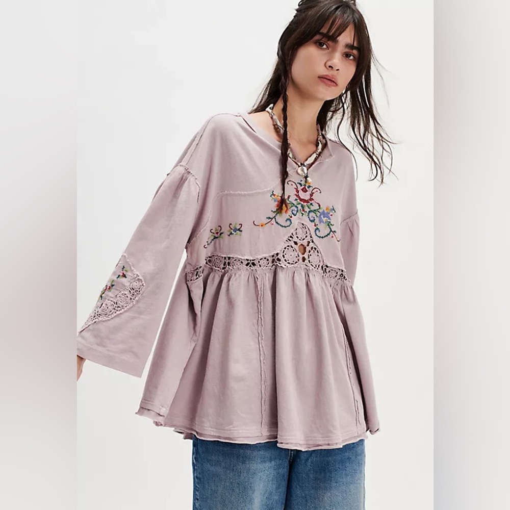 FREE PEOPLE Oversized Embroidered Floral Kennedy Tunic NWT Lavender Crochet